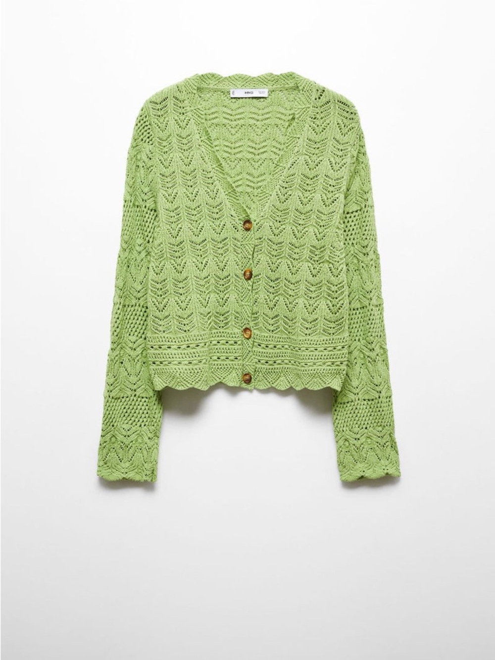 Mango Light Green Openwork V-Neck Button Cardigan - Women's Sweater